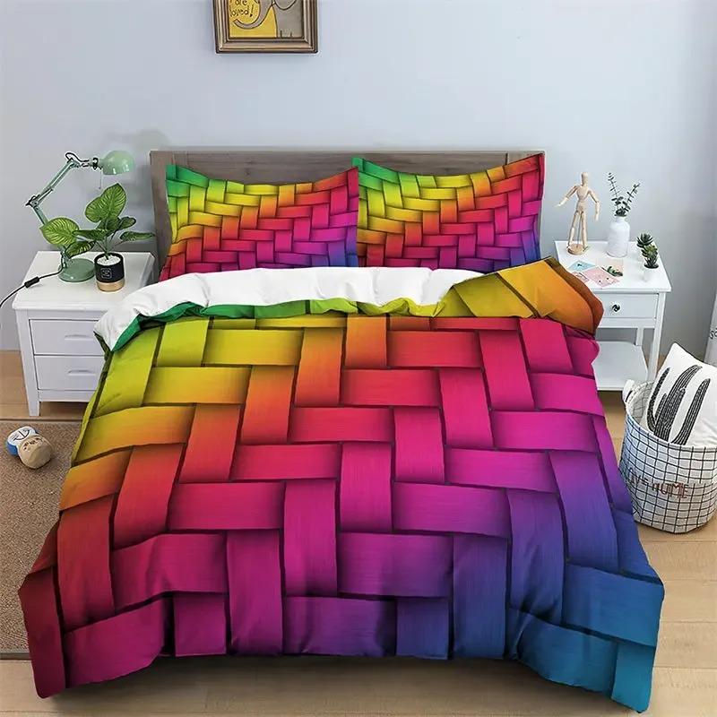 Abstract Geometric Duvet Cover Microfiber Queen Bedding Set For Boys Girls Room Rainbow Plaid Print Quilt Cover With Pillowcase