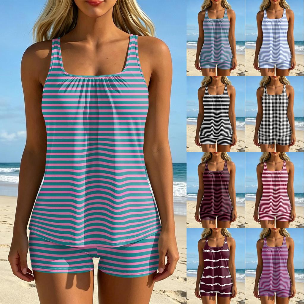 Women’s Striped Tankini Set with Square Neckline and Boyshorts Swimwear Two Piece Bathing Suit for Beach Pool