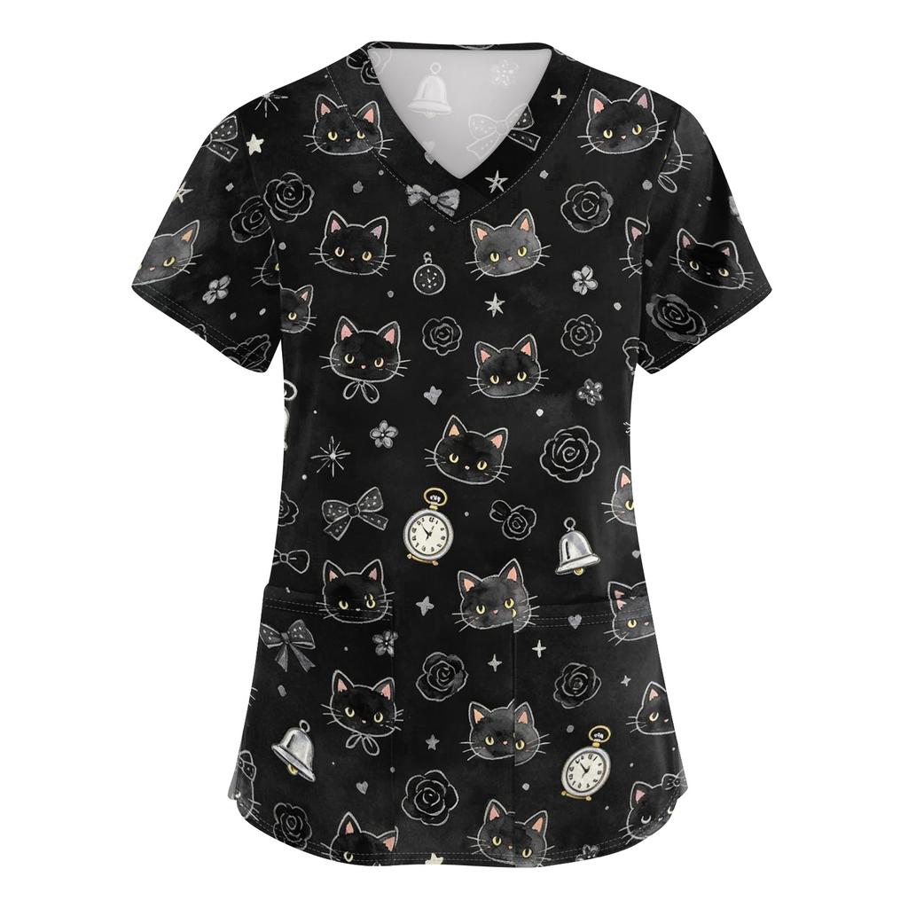 Damen V-Ausschnitt Kurzarm Arbeits-Top mit Taschen Tierprint Medizinisches Kasack-Shirt für medizinisches Fachpersonal Bequeme Passform Strapazierfähiges Gewebe