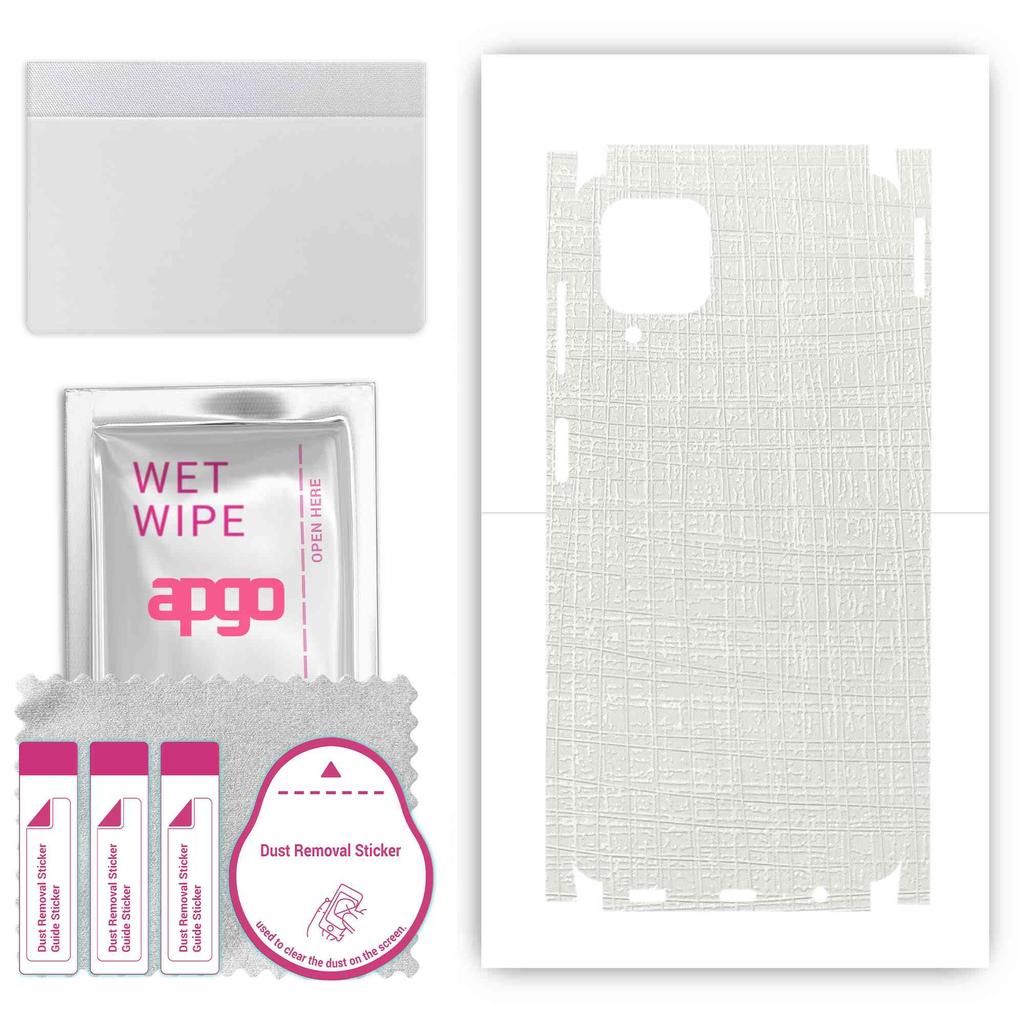 apgo Protective Skin Sticker for the back+sides compatible with Samsung Galaxy F12, Full Wrap Film, Foil, Vinyl - Pattern White Fabric