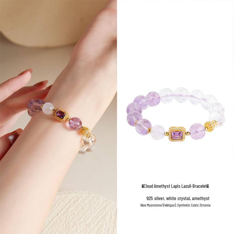 

S925 Sterling Silver White Crystal, Amethyst & Blue Moonstone Beaded Women s Bracelet - New Chinese Light Luxury High-End Design S925 Silver