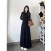 Spring Autumn Round Neck Elegant Fashion Black A-line Dress Women Long Sleeve Temperament Slim Robe Vestidos
