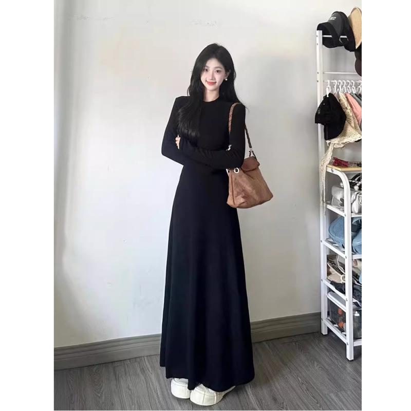 Spring Autumn Round Neck Elegant Fashion Black A-line Dress Women Long Sleeve Temperament Slim Robe Vestidos