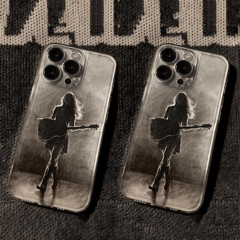 Dark Guitar Girl Cartoon Soft Shell Phone Case for iPhone 13/14/15 Pro/16 Pro Max