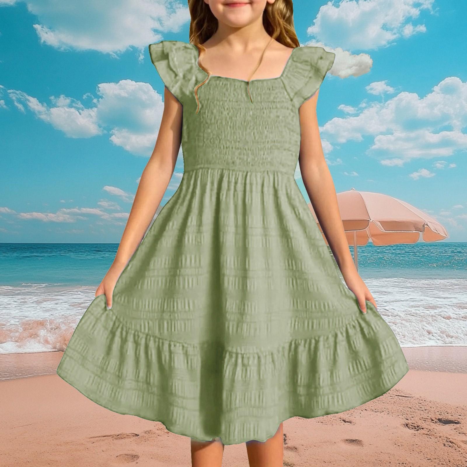 

Girls Spring Summer Bubble Sleeve Dress Flared Princess Party Dress 140 зелений