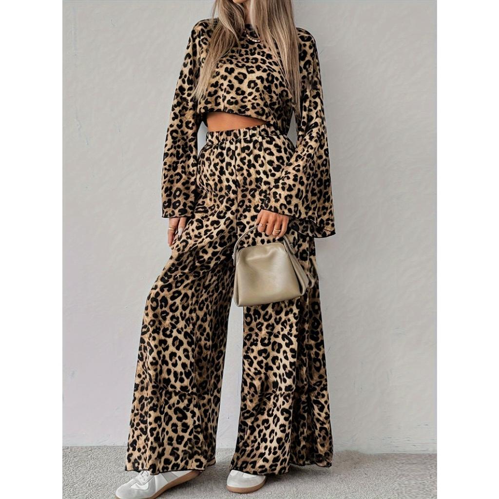 Spring New Leopard Print Women's 2 Piece Outfit Casual Loose Long Sleeve Top + Long Pants Set European American Style For Ladies