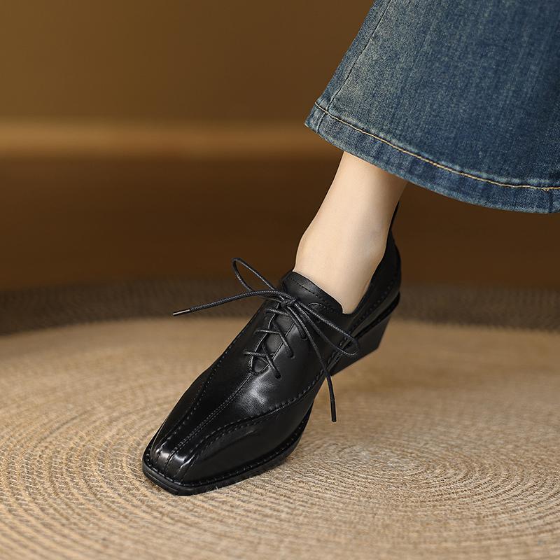 Fashion 2025 New Women Pumps Spring Autumn Office Ladies Casual Low Heels Comfortable Genuine Leather Lace-Up High-heeled Shoes Woman