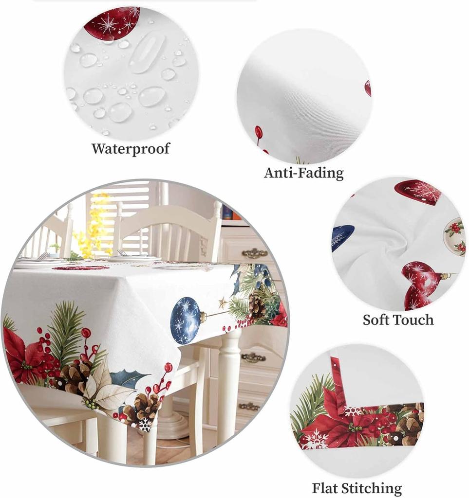 Weihnachts-Poinsettia-Beere Weihnachts-Kugel Wasserdichte Tischdecke für Tischdeko Winter Küche Esszimmer Tischdecke Weihnachtsdekoration