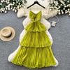 Red suspender layered pleated dress women's summer French vacation style waist ruffle edge cake dress slim dress
