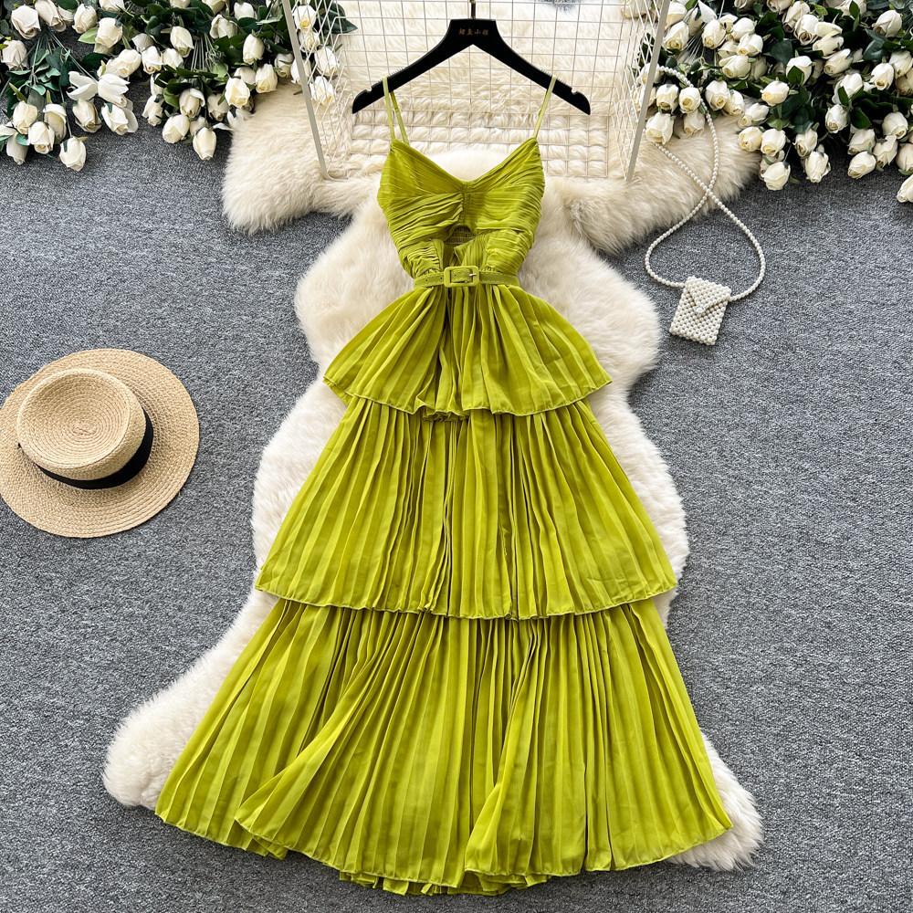 Red suspender layered pleated dress women's summer French vacation style waist ruffle edge cake dress slim dress