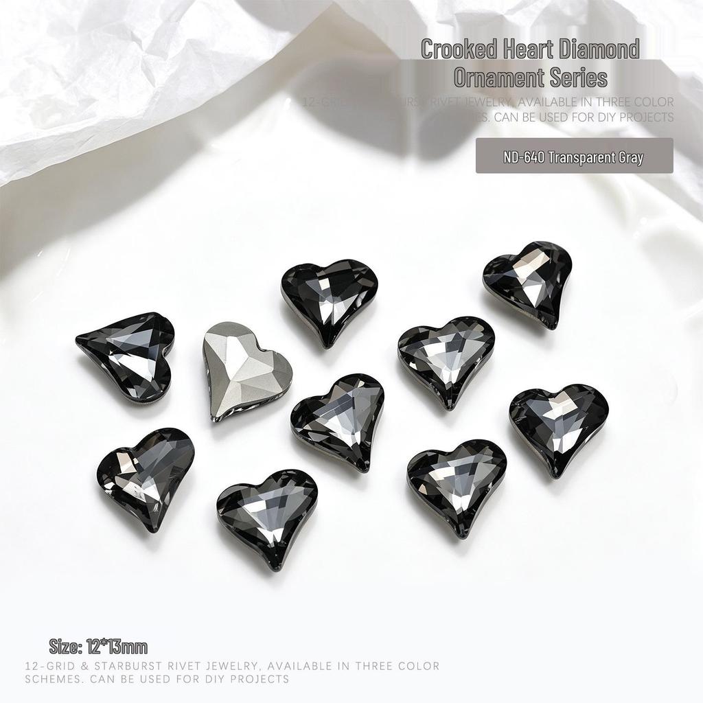 "10-Piece Heart-Shaped Nail Art Accessories with Pointed Bottom Transparent and Colorful Diamonds"