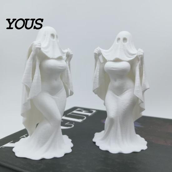 Female Ghost Halloween Decor 3D Printed Bride Statue Ornament, Figure Sculpture with Detailed Headscarf Decoration Stable Base, Decorative Minimalist