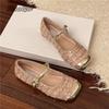 French Glitter Bling Mid Heel Pumps Women's Fashion Slip-on Footwear Comfortable Office Ladies Mary Janes Buckle Strap Casual