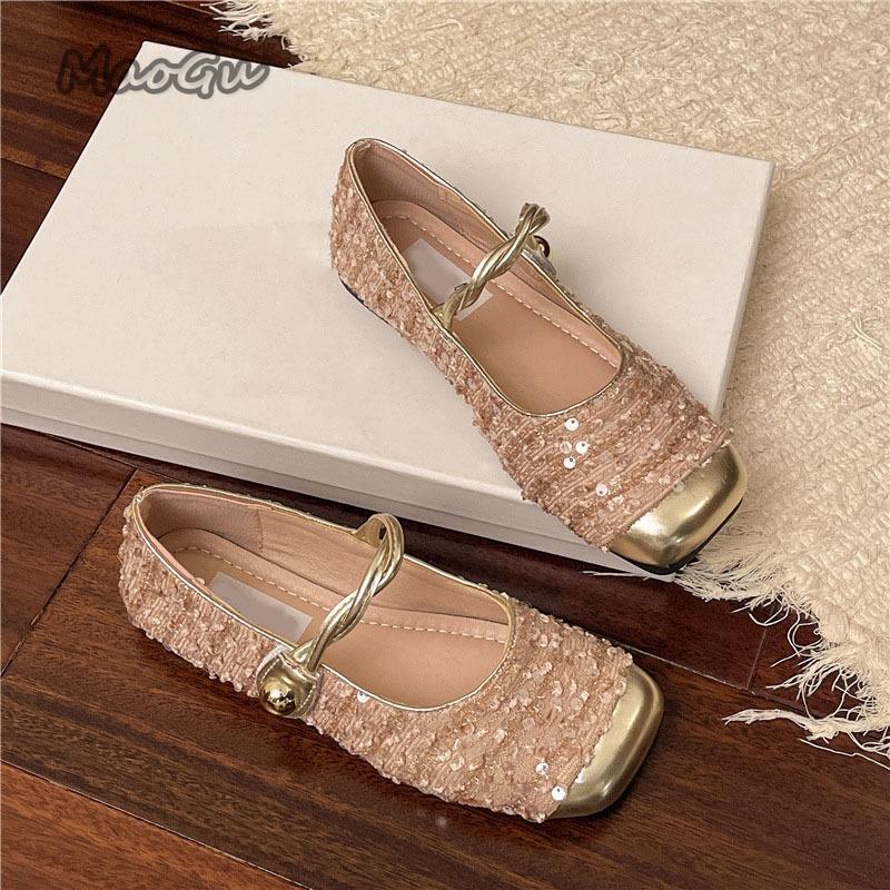French Glitter Bling Mid Heel Pumps Women's Fashion Slip-on Footwear Comfortable Office Ladies Mary Janes Buckle Strap Casual
