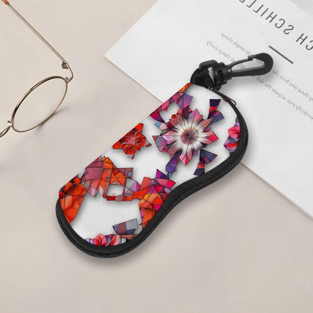 2D-Abstract Geometric Floral Art Print Sunglasses Case, Zipper Eyeglasses Protective Holder, Stylish Portable Travel Eyewear Pouch for Women Men