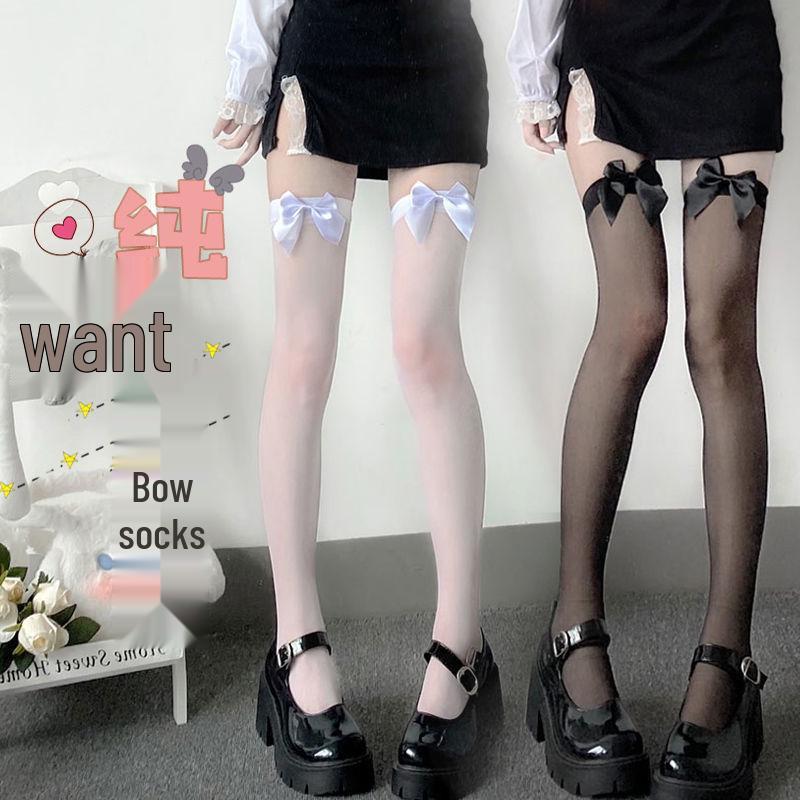 Japanese-Style White Silk Bow Knee-High Stockings