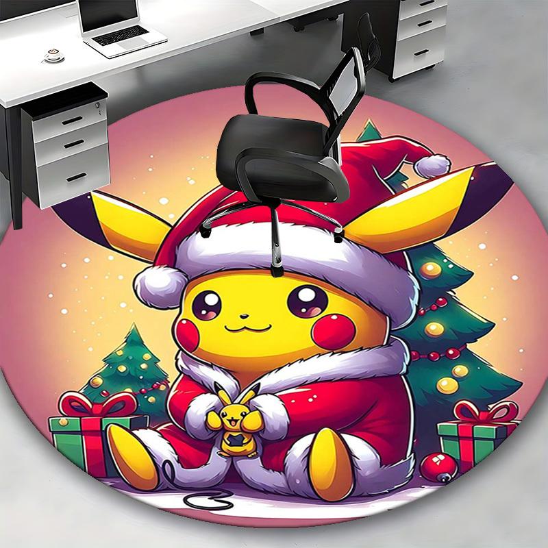 1pc Christmas Pikachu Santa Claus Round Carpet - Anime Design, Holiday Gift, Office Chair Mat, Non-Slip Rug for Home Decor, Living Room
