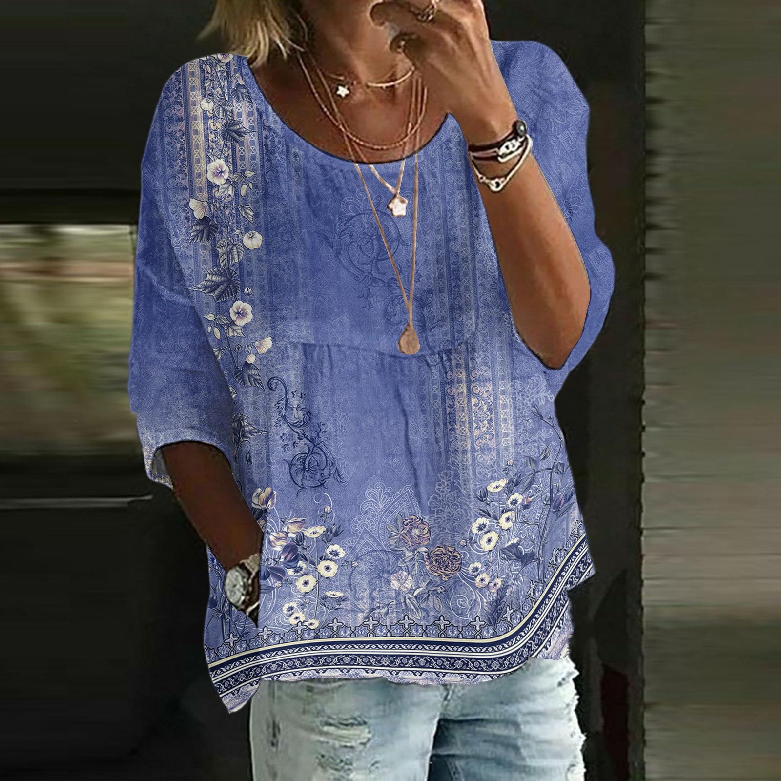 

Льняные рубашки для женщин с рукавом 3/4 на пуговицах с круглым вырезом летние топы нарядные повседневные милые рубашки M синий