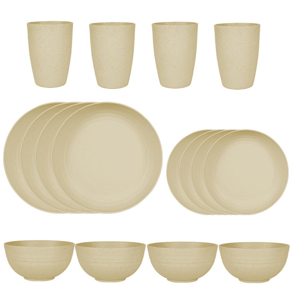 16Pcs Portable Cutlery Set Multi-Purpose Unbreakable Dinnerware Set Wheat Straw Dinnerware Suit Outdoor Tableware Set for People