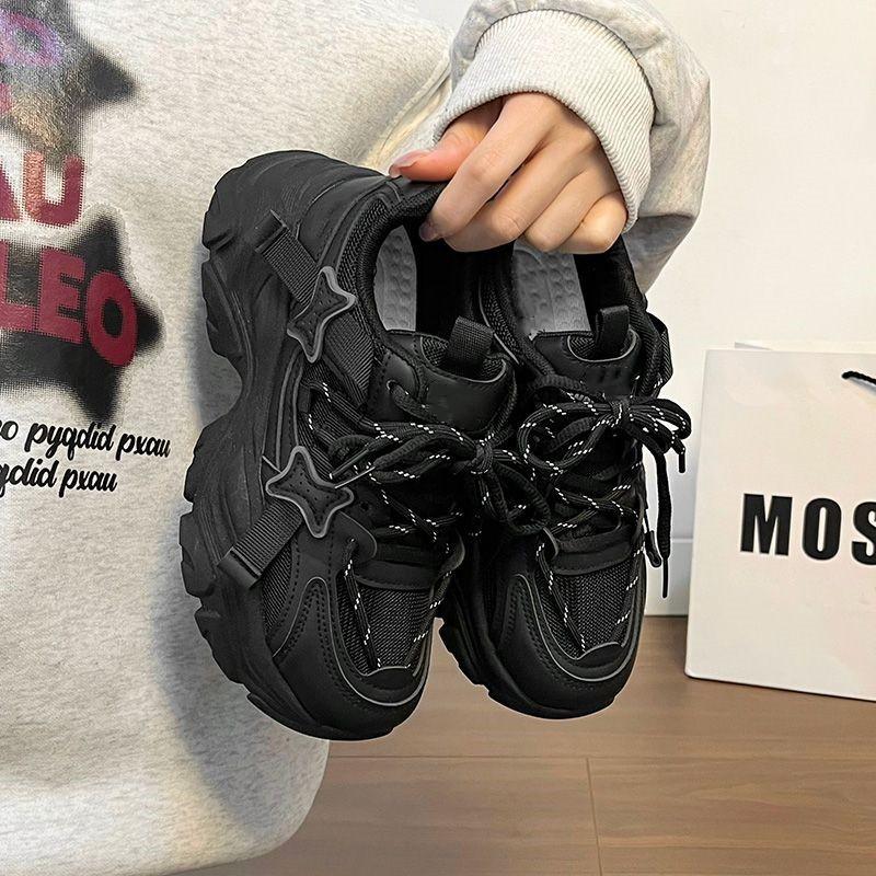 Thick-soled Heightening Dad Shoes Women's Autumn New Versatile Soft-soled Sweet and Cool Student Black Sneakers
