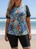 Europeisk & Amerikansk Plus Size Dame Solbeskyttende Todelt Badedrakt - Halvermet Topp & Trykt Underdel i Blå, Rød, Gul