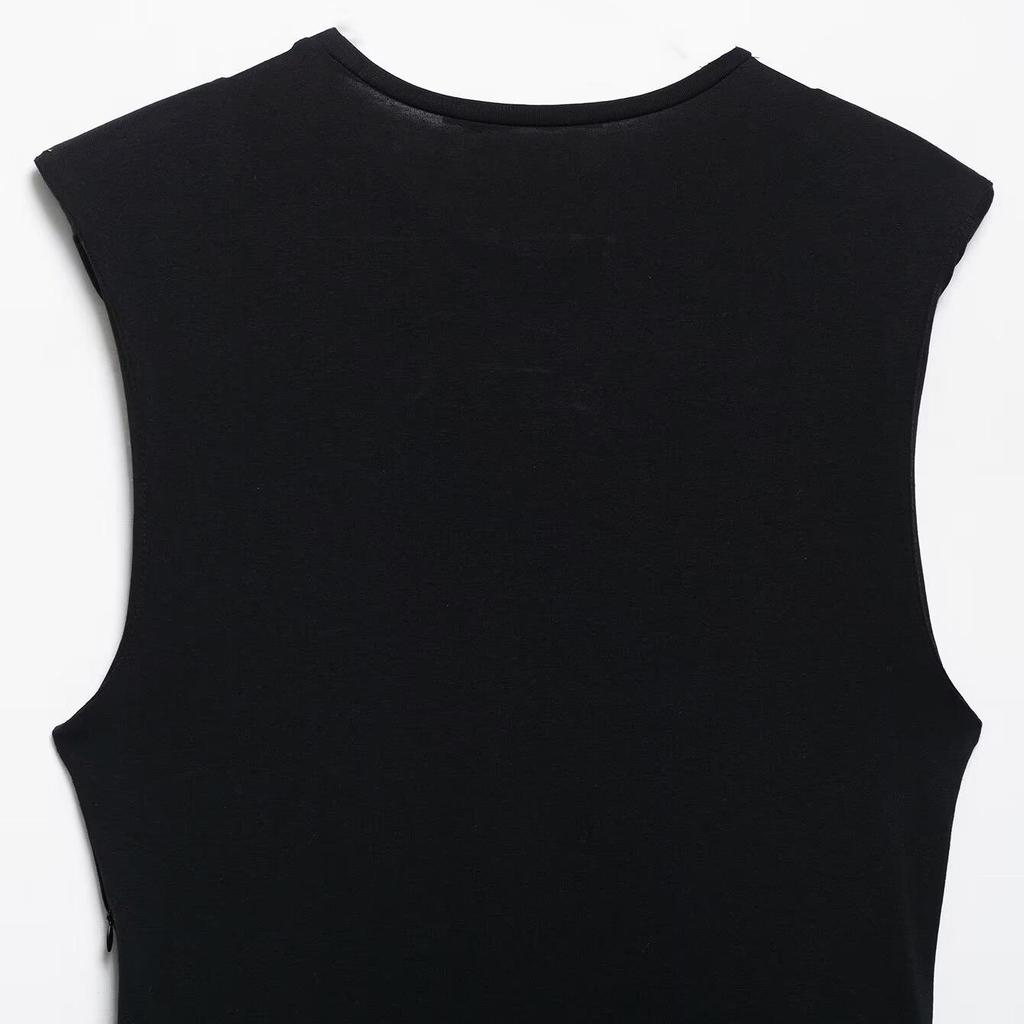 2025 Summer Pleated Skirt Dress with Shoulder Pads - Sleeveless, Slim-Fitting, Round Neck Design