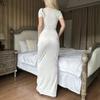 Women's Deep V-Neck Short-Sleeved Solid Color Pleated Long Dress