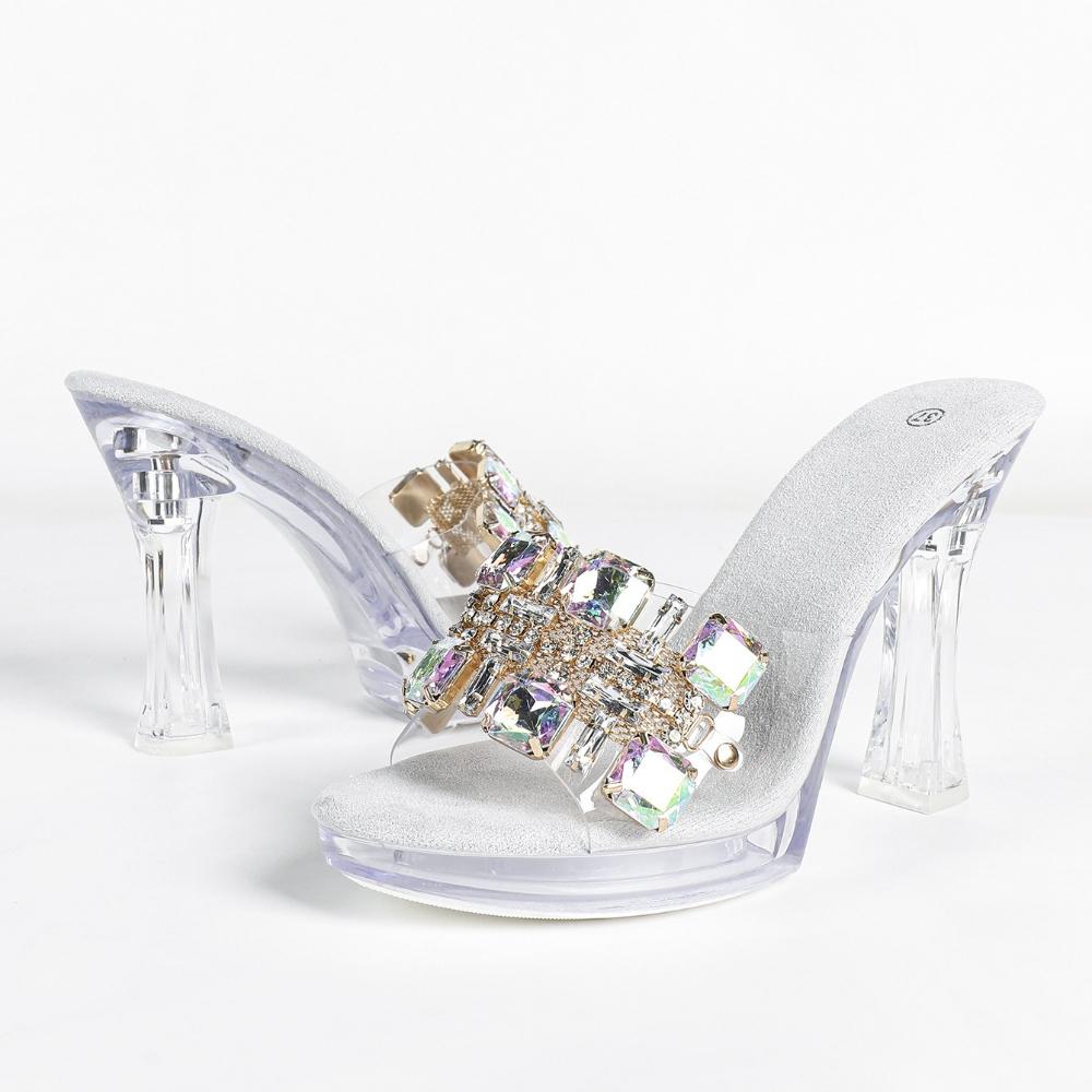 Damen Sexy Strass-Stiletto-Slipper Kristall-Transparente Plateau-Absätze Sommer-Bankett-Party Damen-Schuhwerk LFD-198711-Q3
