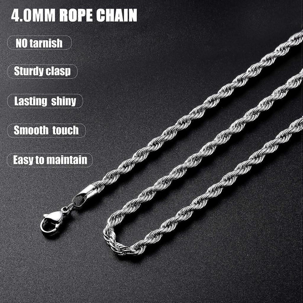 3mm Rope Chain Necklace for Men, Silver Tone Mens Chain Necklace, Stainless Steel Necklace Chain for Men Women, Jewelry Gift