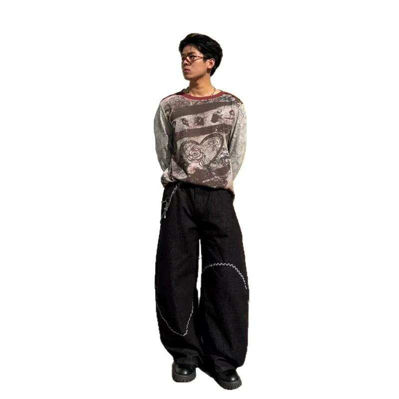 Niche embroidered wide-leg jeans men's summer retro loose casual high-end sense