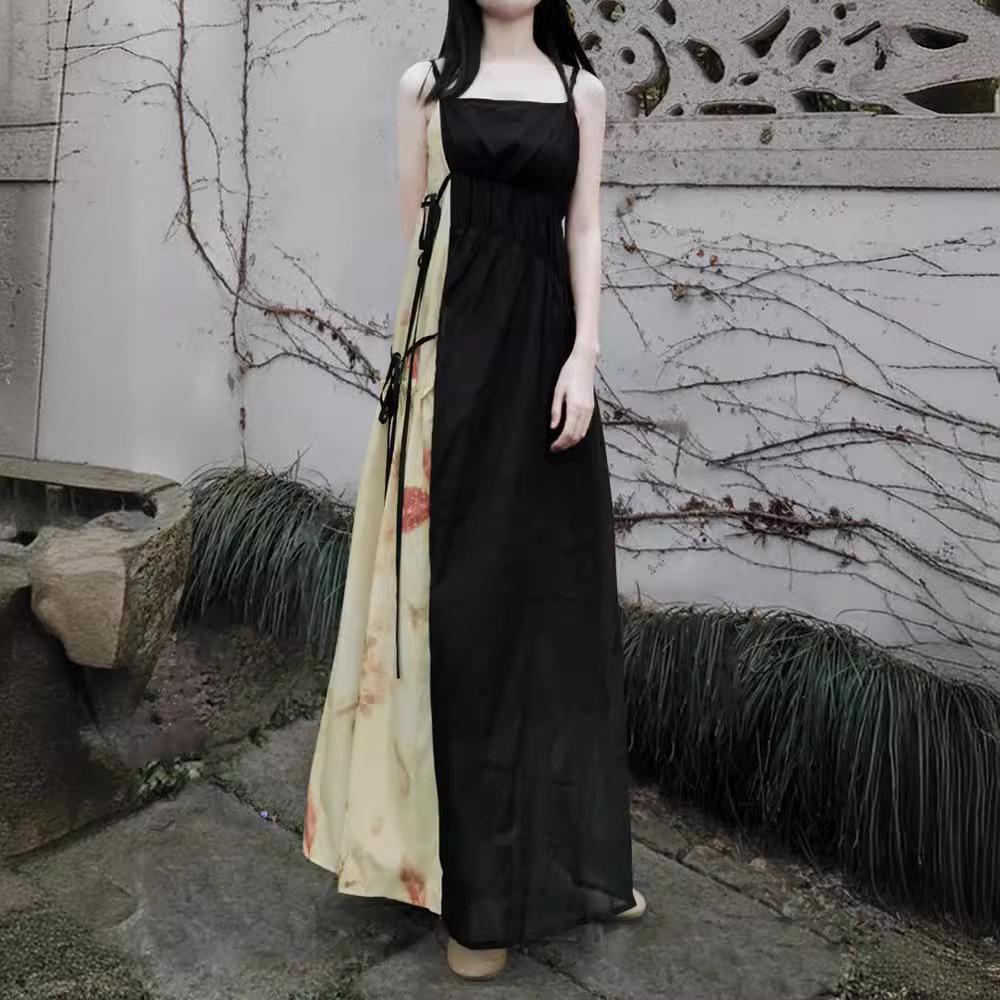 Johnature Woman Summer Chinese Style Print Devise A-Line Dress Niche Casual Vintage Sleeveless Dress