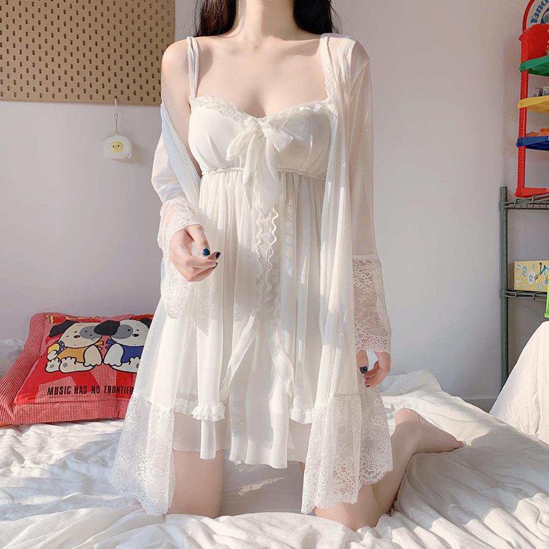 Elegant Sweet Simple Women Robe Gown Sets Chic Lace Bow Sleepwear Breathable Slim Nightdress