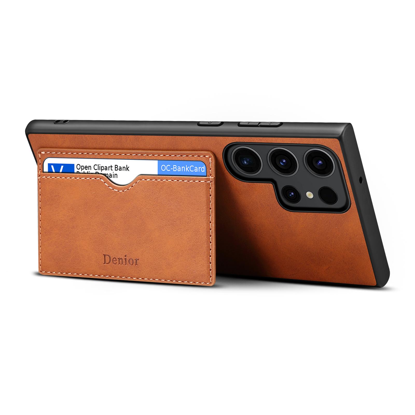 

For Samsung Galaxy S25 Ultra Case Card Holder Kickstand Retro Leather+PC+TPU Phone Cover Brown