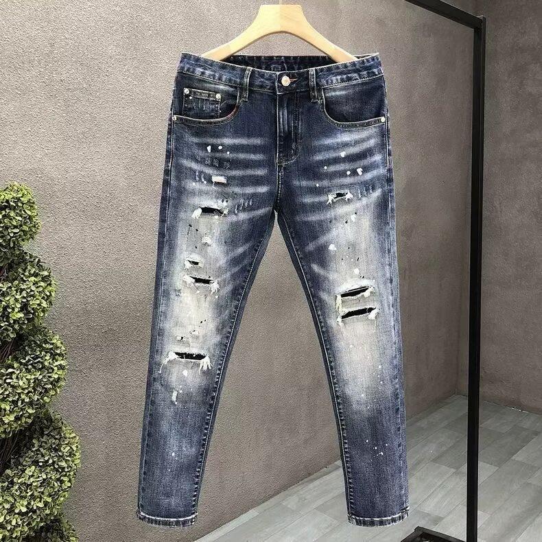 Spring and Autumn new ripped jeans men's elastic slim-fitting small feet trendy brand ruffian handsome point paint trendy fashion pants