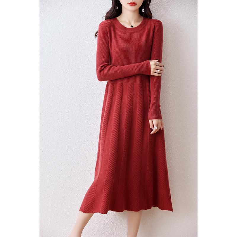 Women's Autumn Loose Merino Wool Crew Neck Sweater Dress Over-the-Knee