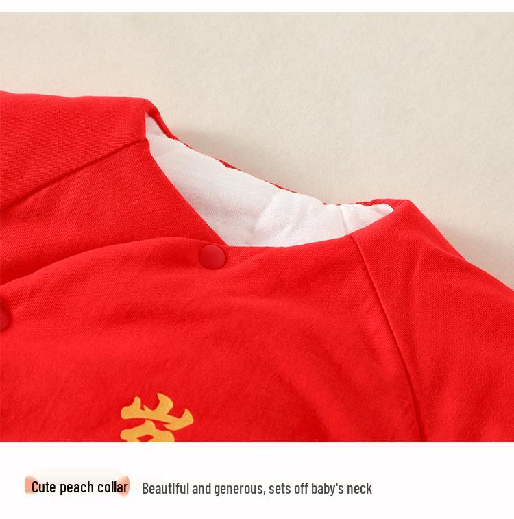 Newborn Red Cotton Onesie: Winter Warm Padded Jumpsuit for Autumn Crawling and New Year Celebrations.