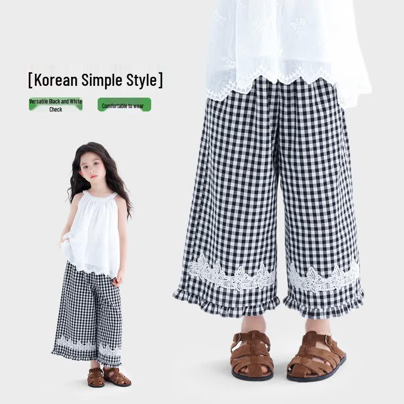 Girls  Black & White Plaid Wide-Leg Casual Pants 150