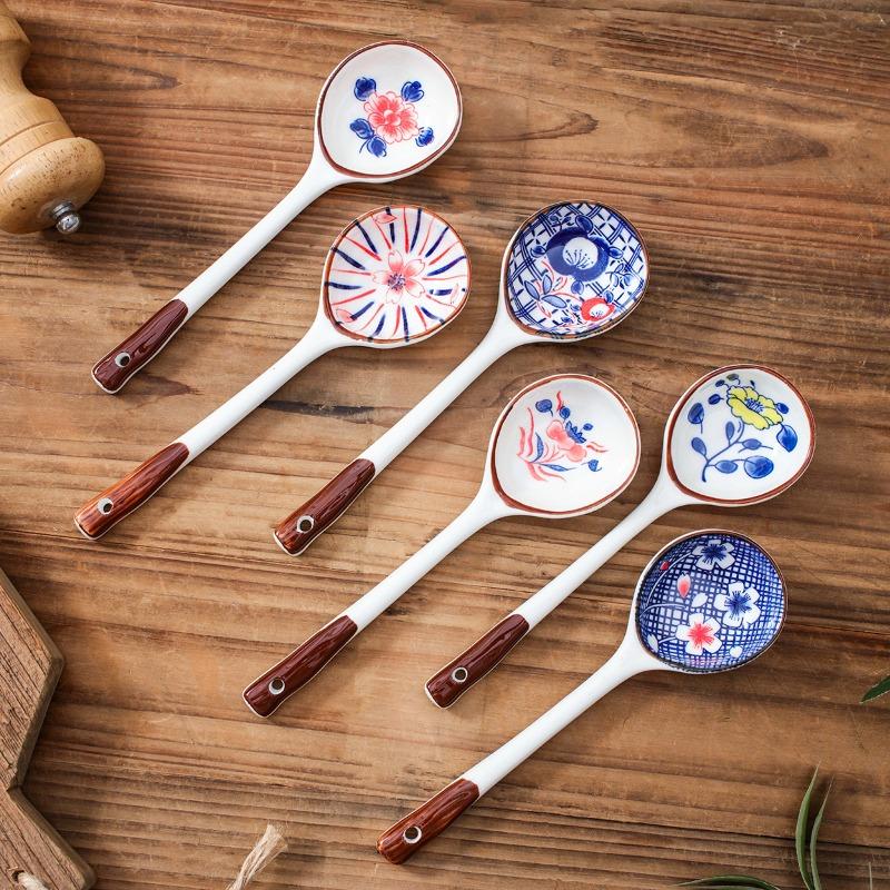 Japanese Style Long Handled Ceramic Spoon with High Aesthetic Value Hand-painted Underglaze Color Soup Spoon
