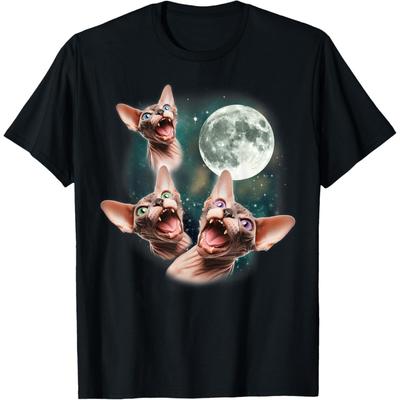 Three Sphynx Moon _ 3 Hairless Cats Howling Cursed Wolf Meme T-Shirt for Men Women Kids