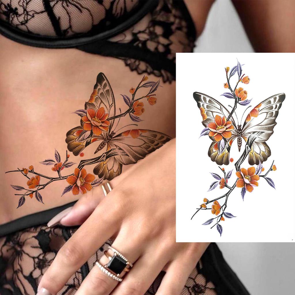 1 Sheet Sexy Butterfly Plum Rose Temporary Tattoos For Women Girls Watercolor Fake Flower Tattoo Sleeve Waterproof Decoration