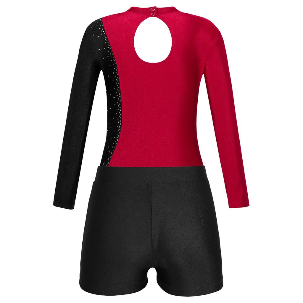 Kids Girls Stylish Clothing Set for Skating Training Wear Outfits Long Sleeve Contrast Color Leotards and Shorts