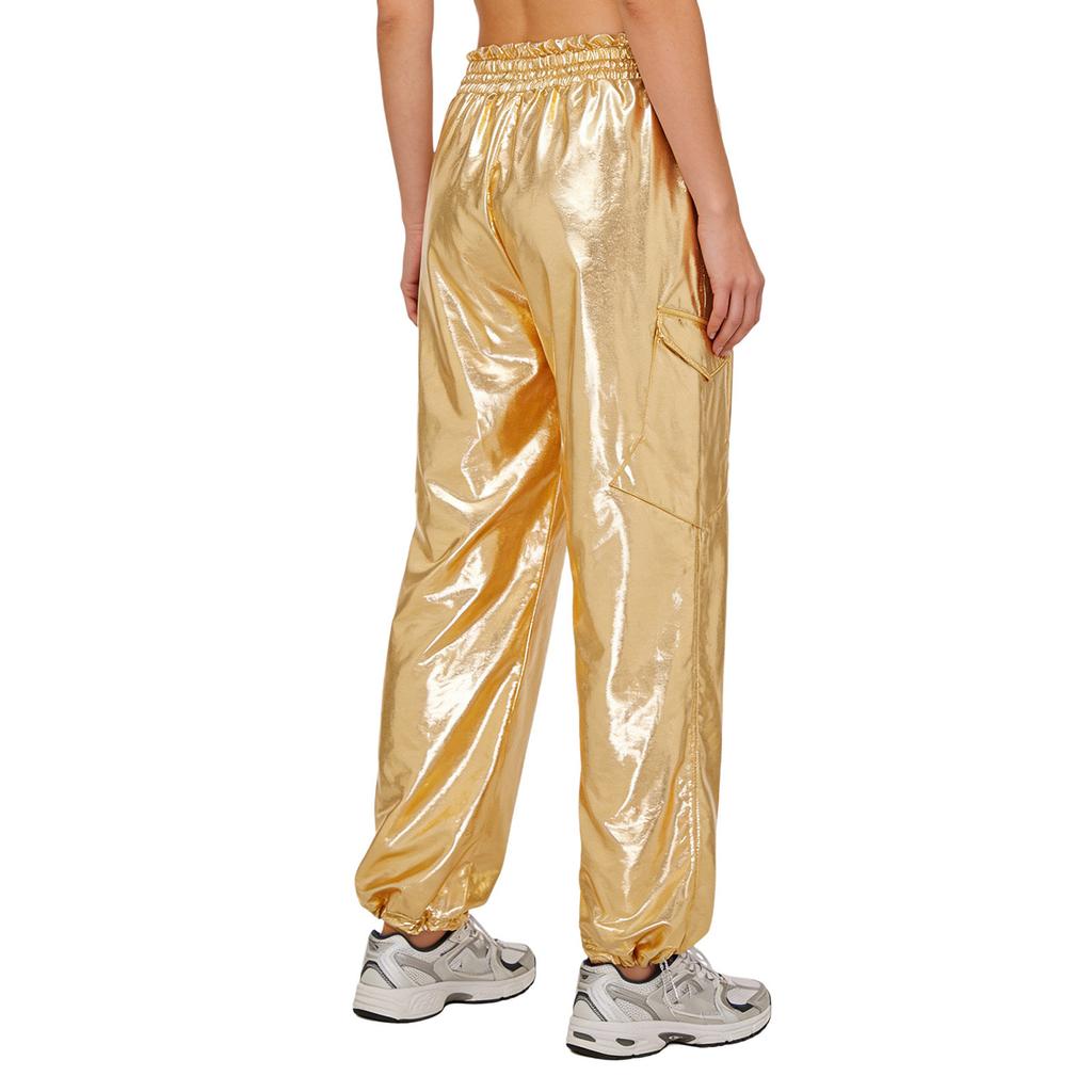 Shiny Metallic Cargo Pants for Women Elastic Waistband with Ruffle Trim Multiple Pockets Jogger Style for Hip Hop Music Stage Outfit