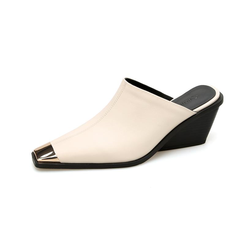 Fashion Women's New Summer Metal Headed Genuine Leather Cowhide High Heels Large Square Headed Retro Muller Slippers