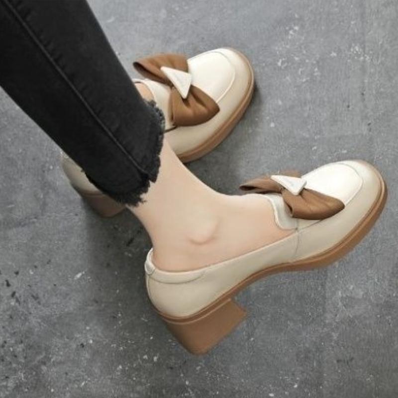 Genuine Soft Leather British Style Women's Square Toe Loafers New Design Spring Fall Bow Detail Mid Heel Casual Shoes Hot Sale