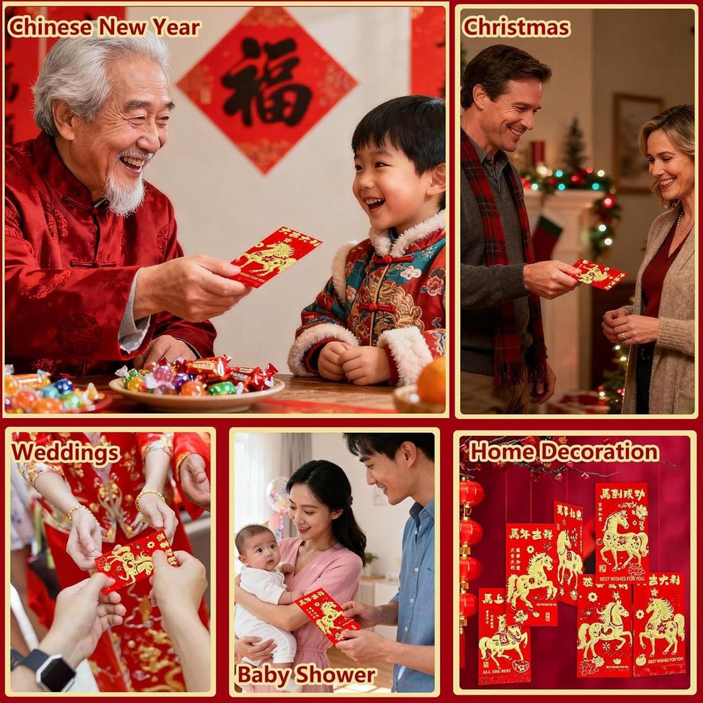 Year of the Horse Red Envelopes 6 Pieces Holiday Party Supplies Spring Festival Red Packets for Event Planners Wedding Birthday