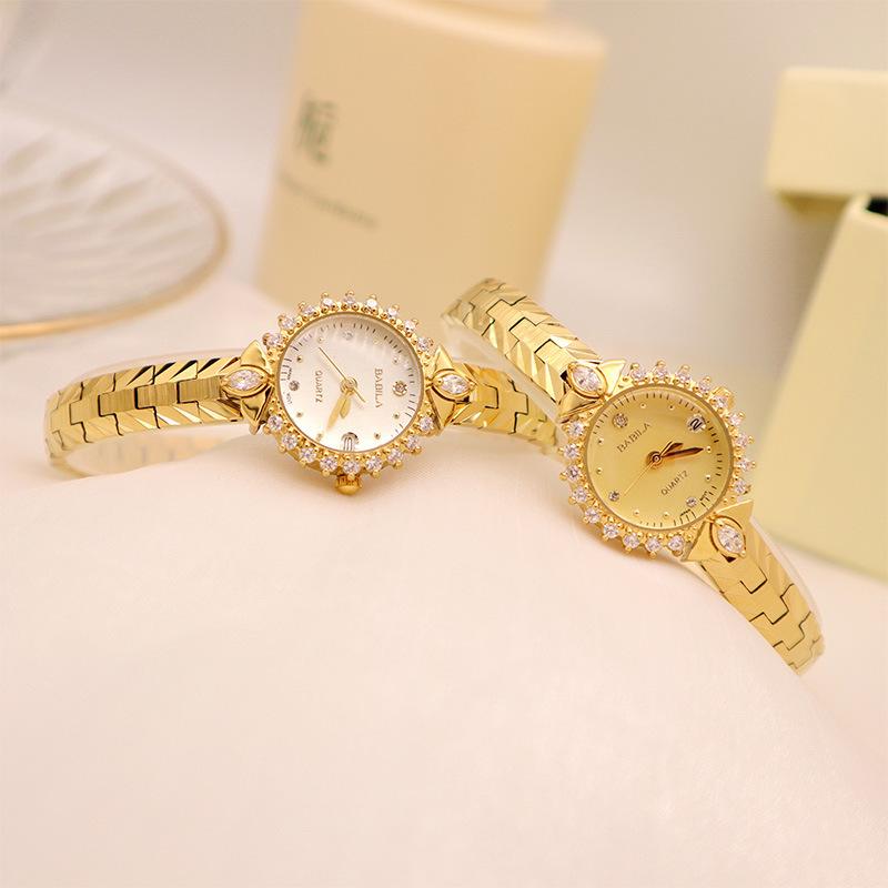 Exquisite Retro Jewelry, High-End Precision 5A Diamond-Encrusted Relief Bracelet, Temperament Quartz Small Gold Watch
