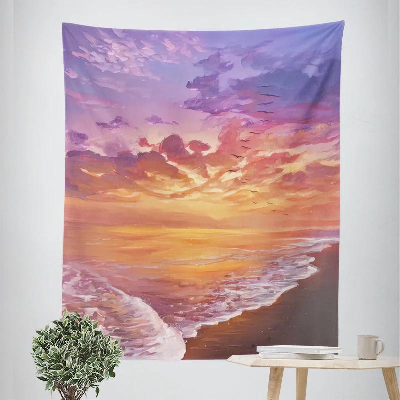 VIKAMA Healing Seaside Sunset Tapestry Bedroom Headboard Balcony Wall Decor Tapestry InstagramStyle Artistic Room Decor