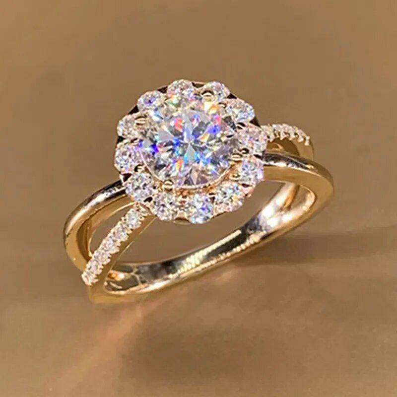 Huitan Sunflower Moissanite Zirconia Crossover Proposal Ring