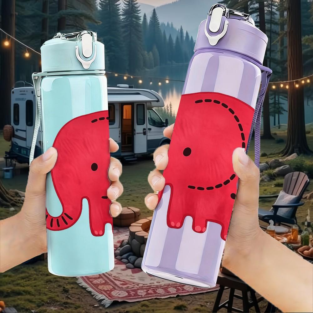 1PC Cute Red Elephant Cartoon Print 750ml Color Plastic Sports Water Bottle Leakproof Flip Straw Lid Suitable for Sports Office Home Use