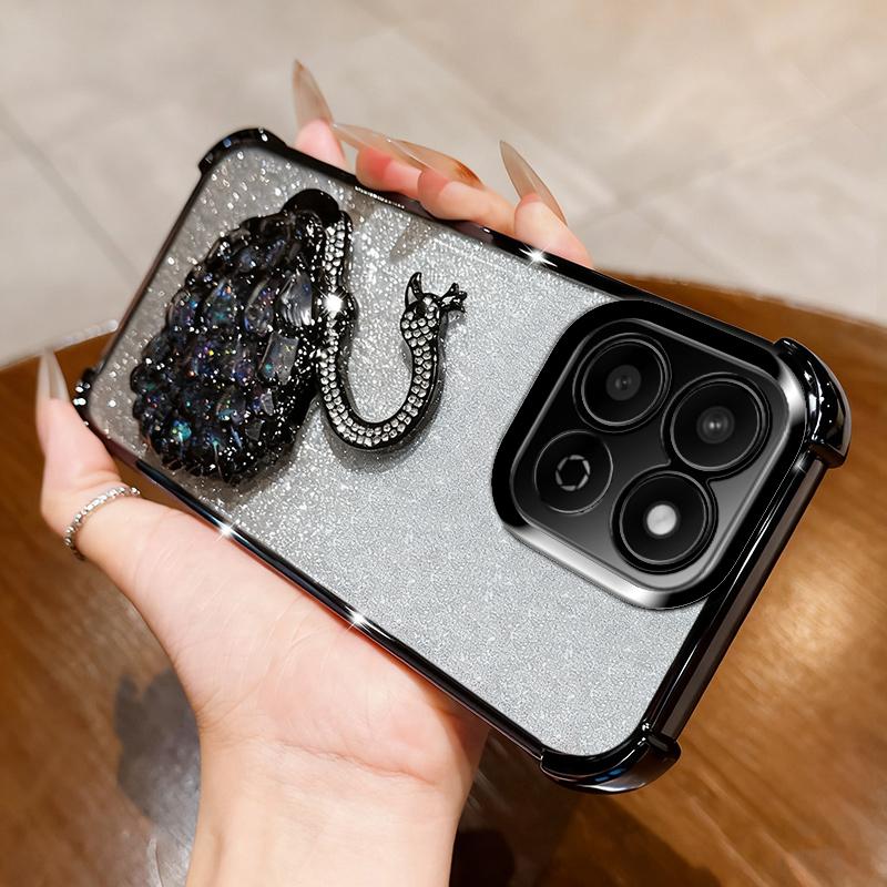 KEYSION Shockproof Plating TPU Phone Case for HONOR X7c Glitter Jewelled Swan kickstand Back Cover for Honor 200 Smart 5G